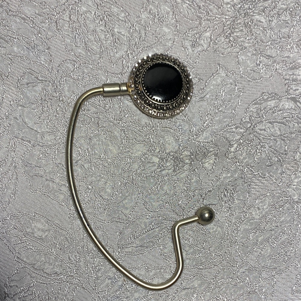 Elegant Silver and Black Purse Hook With Black Stones and Rhinestones - Picture 2 of 5